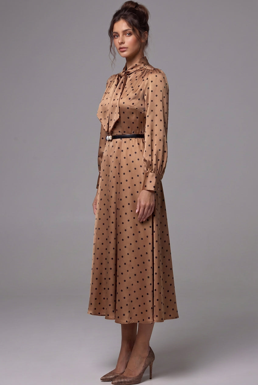 Bronze-gold Satin Polka Dot A-line Midi Dress Flowering Girl