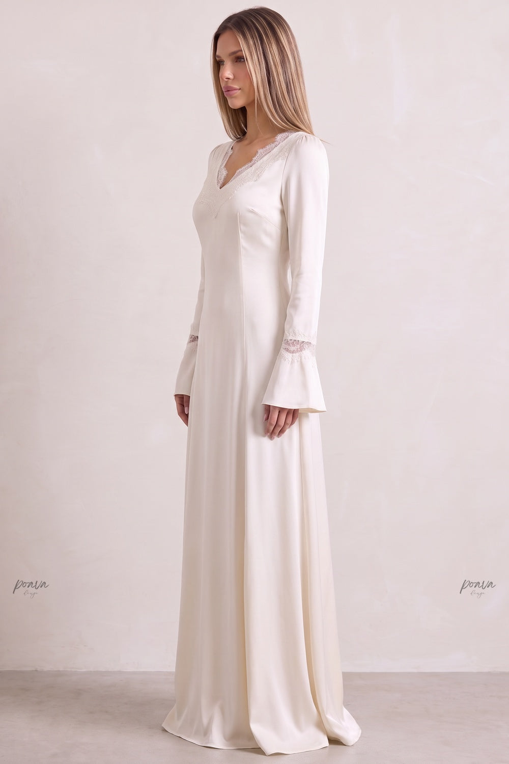 Off-White Satin A-Line Floor-Length Dress with Lace Detailing Flowering Girl