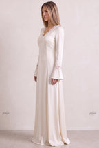 Off-White Satin A-Line Floor-Length Dress with Lace Detailing Flowering Girl