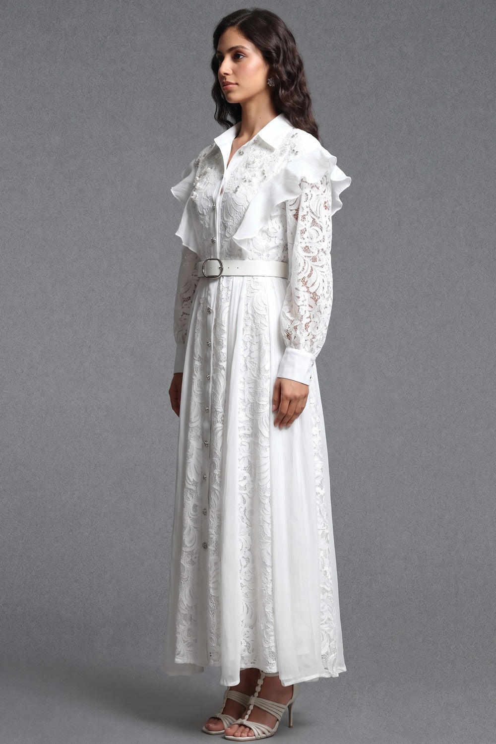 White Floral Lace A-Line Maxi Shirt Dress Flowering Girl