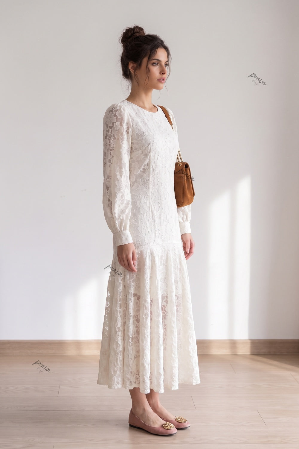 Ivory Lace Drop-Waist Trumpet Dress Flowering Girl