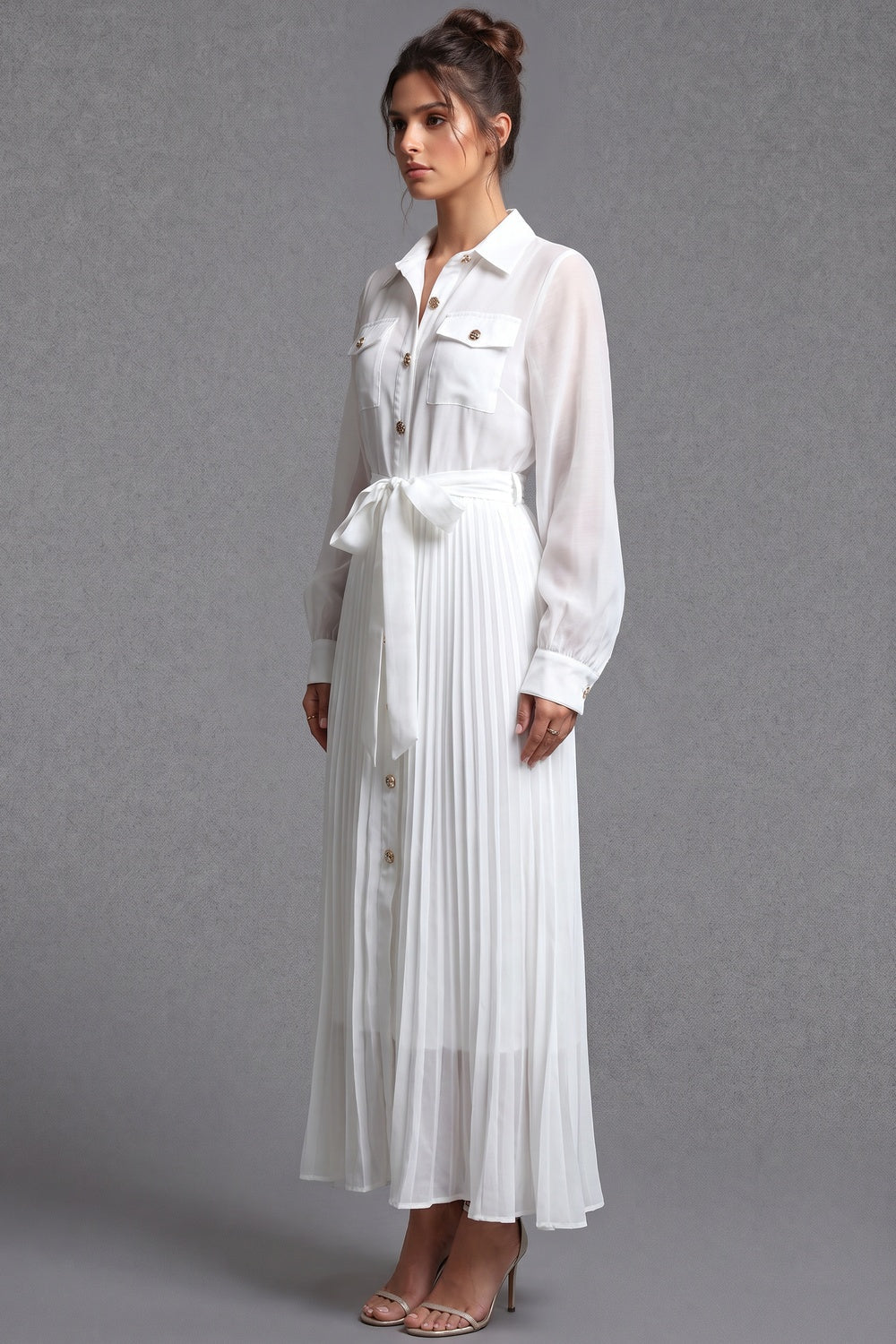 White Semi-Sheer Chiffon Pleated Shirt Dress Flowering Girl