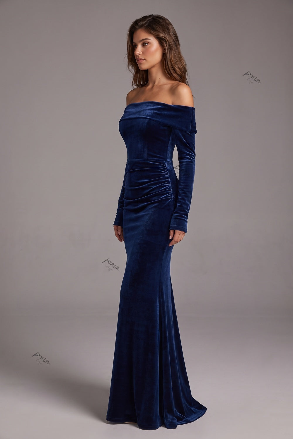 Navy Blue Velvet Mermaid Evening Gown Flowering Girl