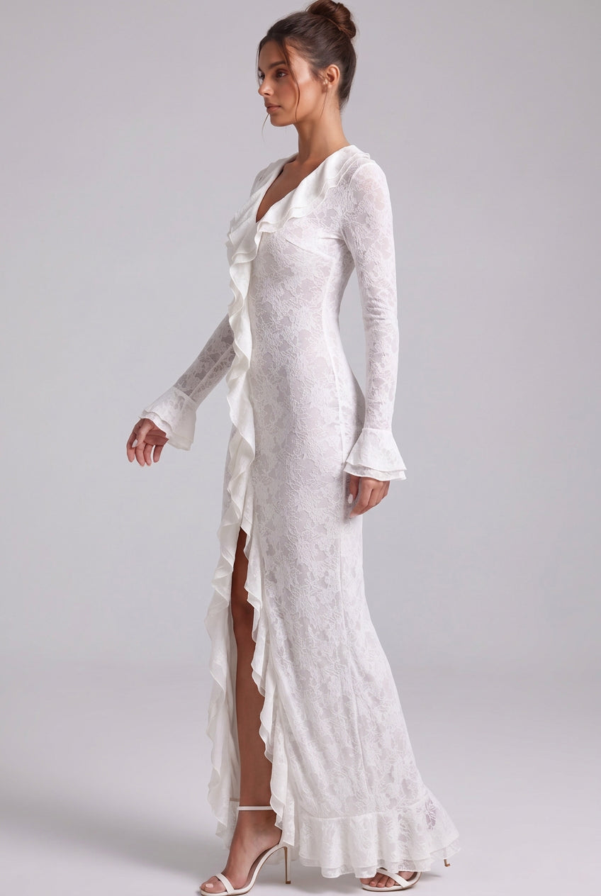 White Floral Stretch Lace Sheath Maxi Dress Flowering Girl
