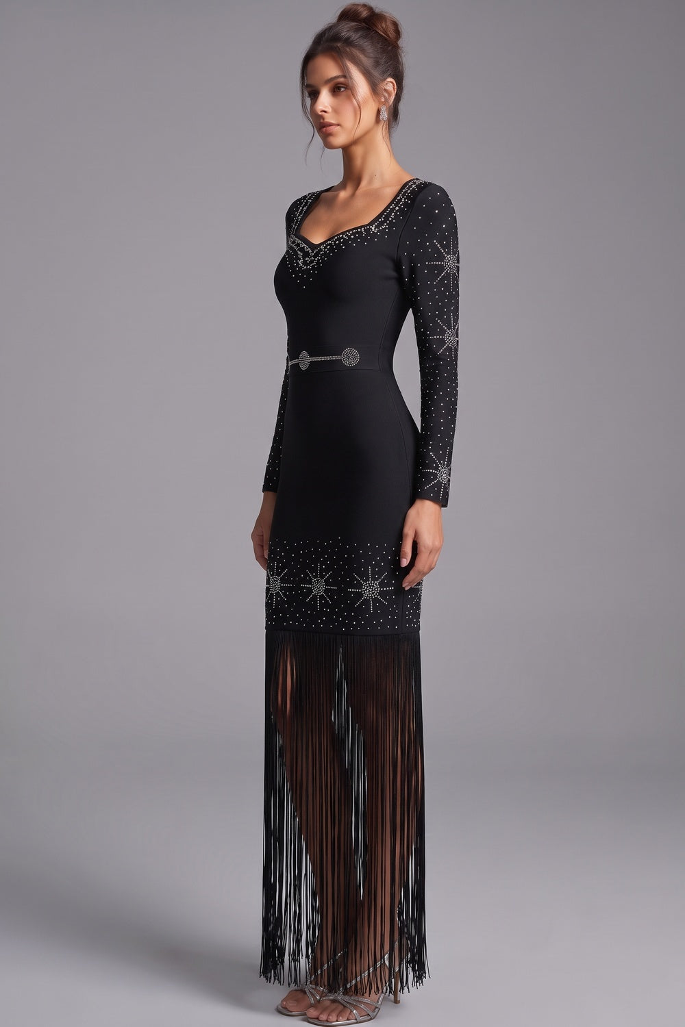 Black Heavy Bandage Knit Fitted Column Evening Gown Flowering Girl