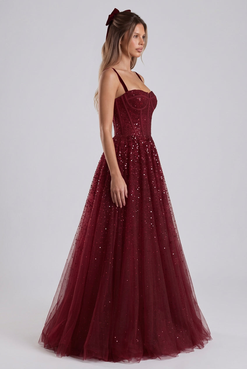 Burgundy Tulle A-Line Evening Gown Flowering Girl