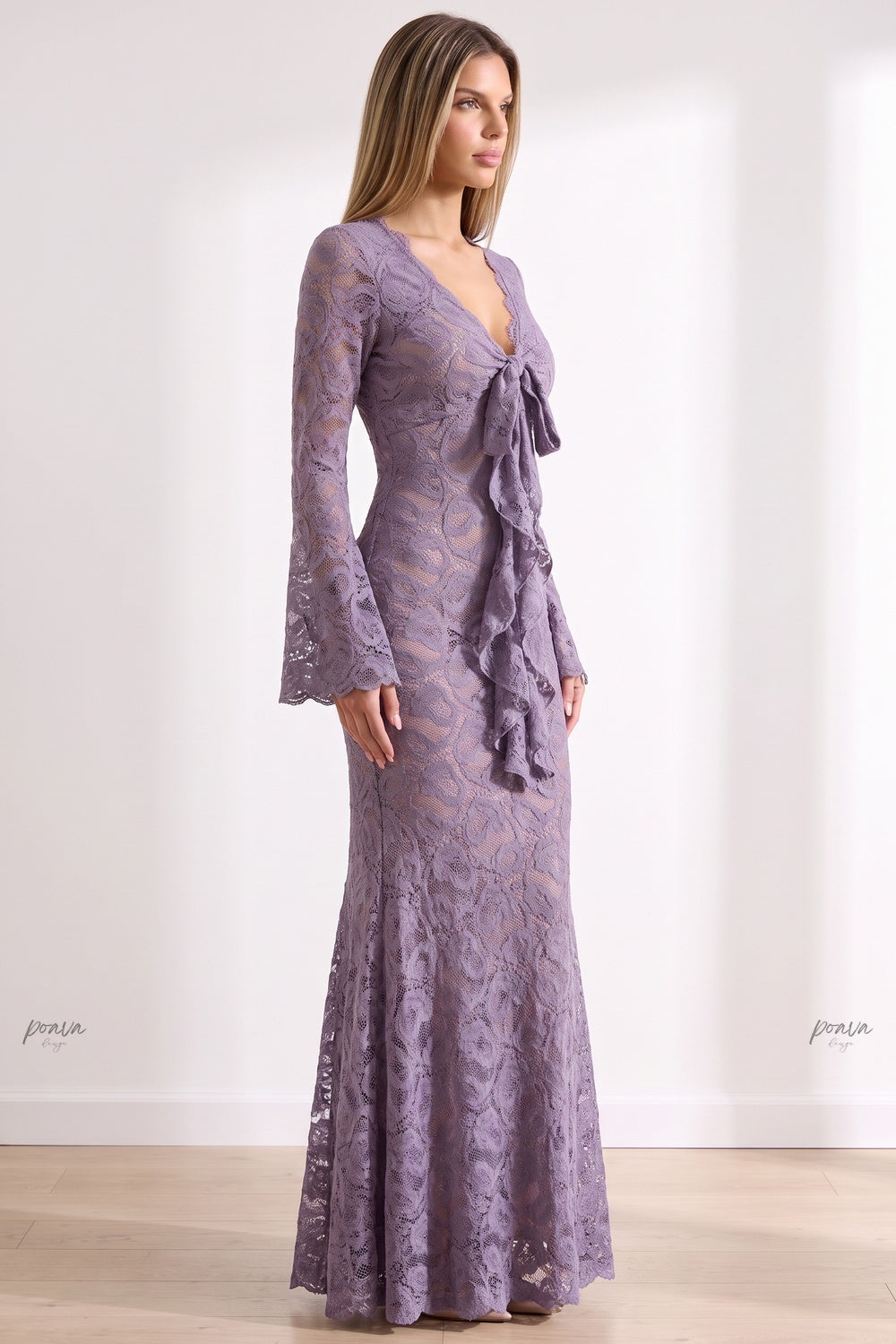 Dusty Purple Floral Lace Mermaid Maxi Dress Flowering Girl