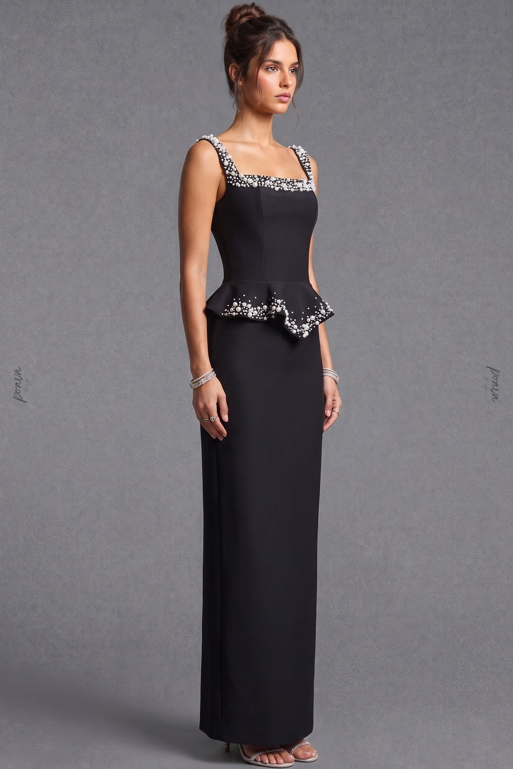 Black Heavy Crepe Column Gown with Structured Peplum and Pearl Embellishments Flowering Girl