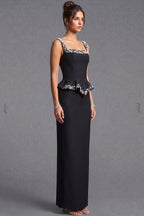 Black Heavy Crepe Column Gown with Structured Peplum and Pearl Embellishments Flowering Girl