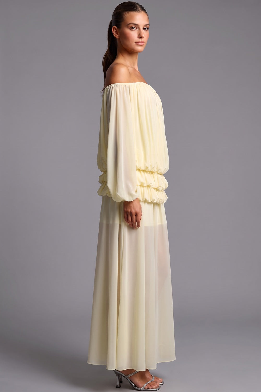 Pale Yellow Chiffon Off-The-Shoulder Blouson Two-Piece Set Flowering Girl