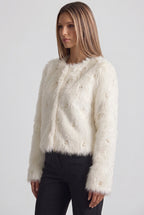 Off-White Faux Fur Boxer Jacket with Pearl Bead Details Flowering Girl