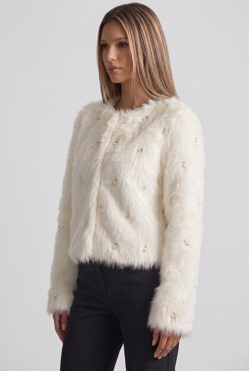 Off-White Faux Fur Boxer Jacket with Pearl Bead Details Flowering Girl