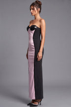 Light Pink Satin and Black Sequin Column Maxi Dress Flowering Girl