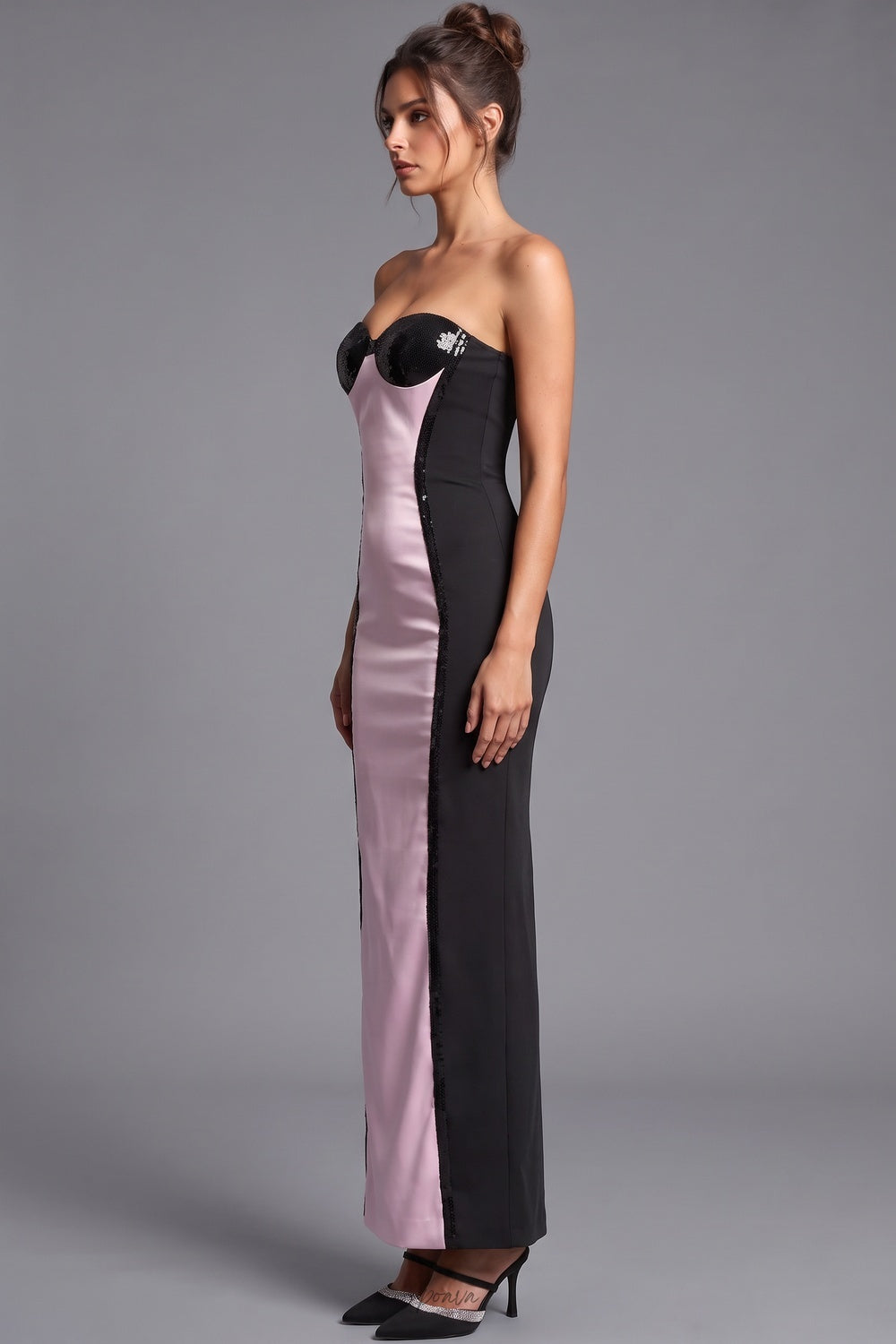 Light Pink Satin and Black Sequin Column Maxi Dress Flowering Girl