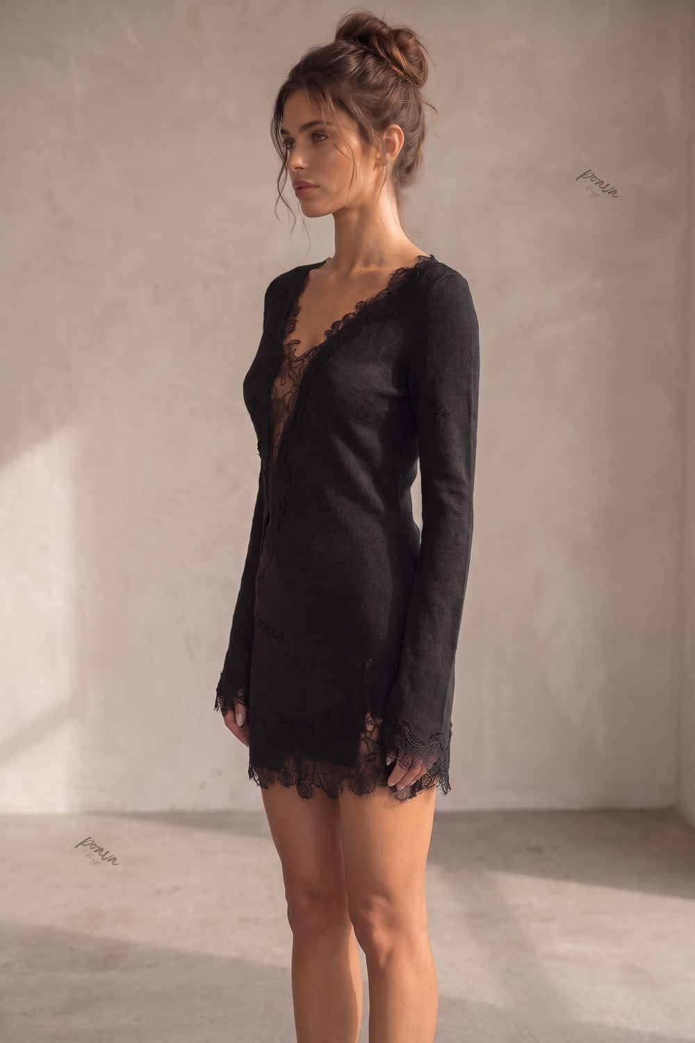 Black Fine Knit Slim-Fit Sheath Mini Dress with Lace Trim Flowering Girl