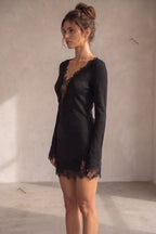Black Fine Knit Slim-Fit Sheath Mini Dress with Lace Trim Flowering Girl