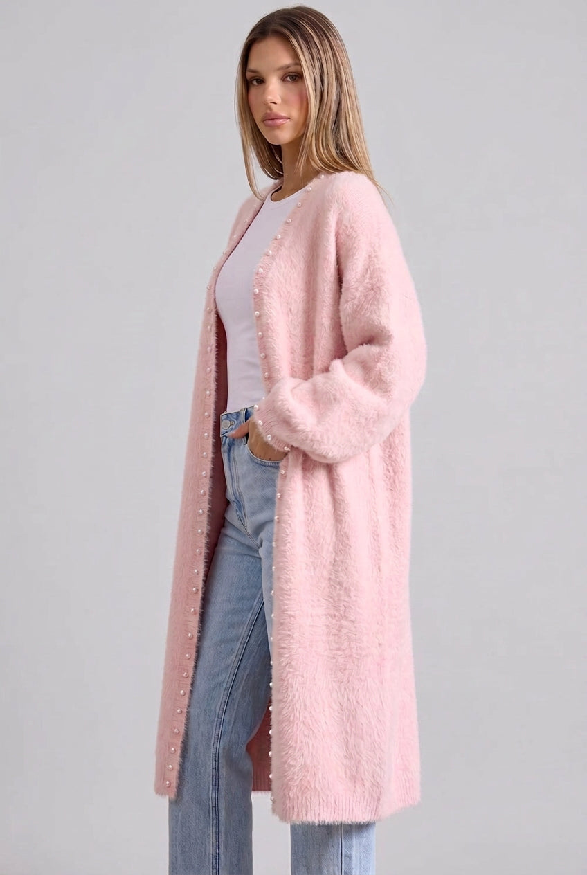 Pale Pink Eyelash Knit Oversized Cocoon Open-Front Cardigan Flowering Girl