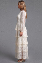 Off-white embroidered lace on mesh base tiered A-line maxi dress Flowering Girl