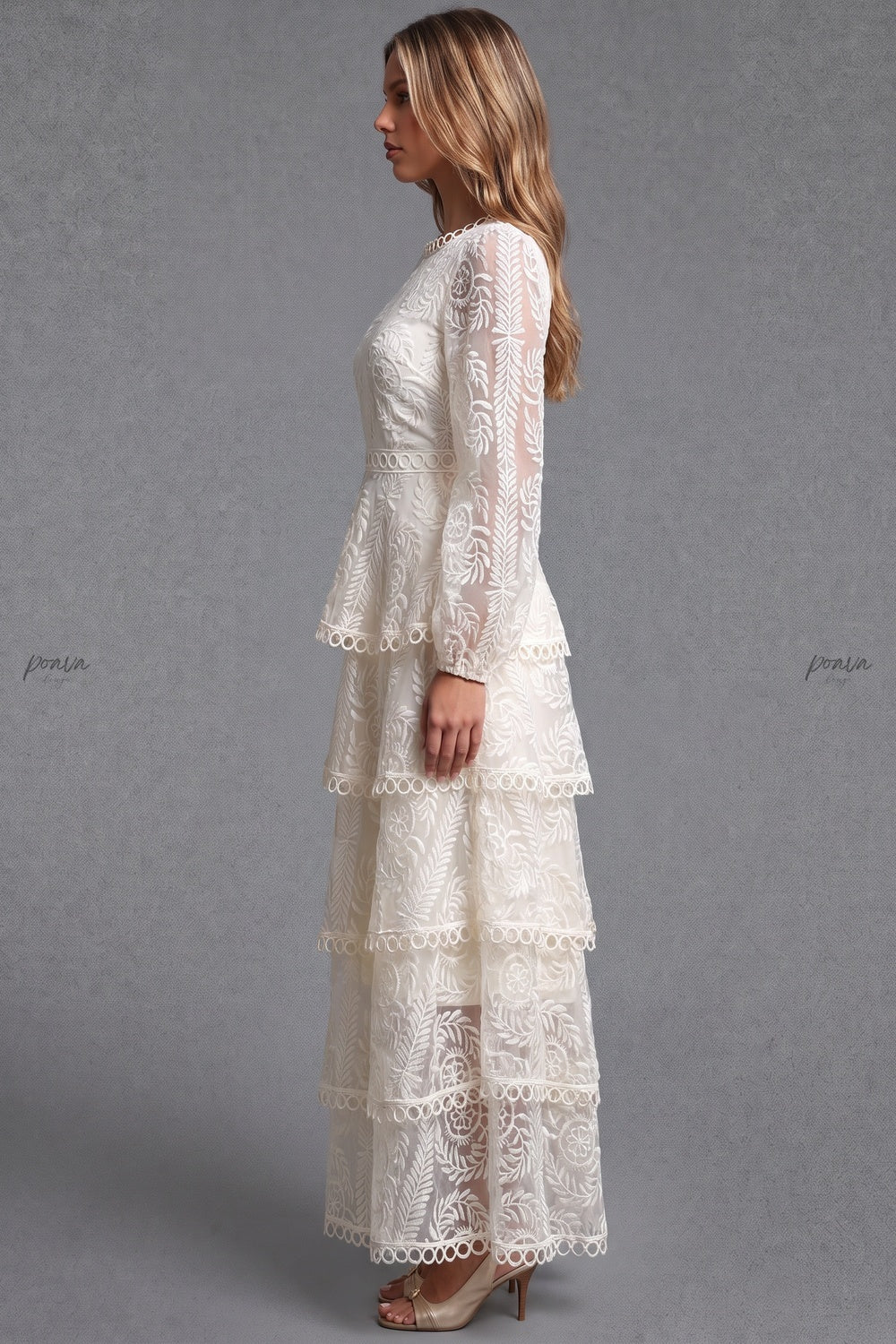 Off-white embroidered lace on mesh base tiered A-line maxi dress Flowering Girl