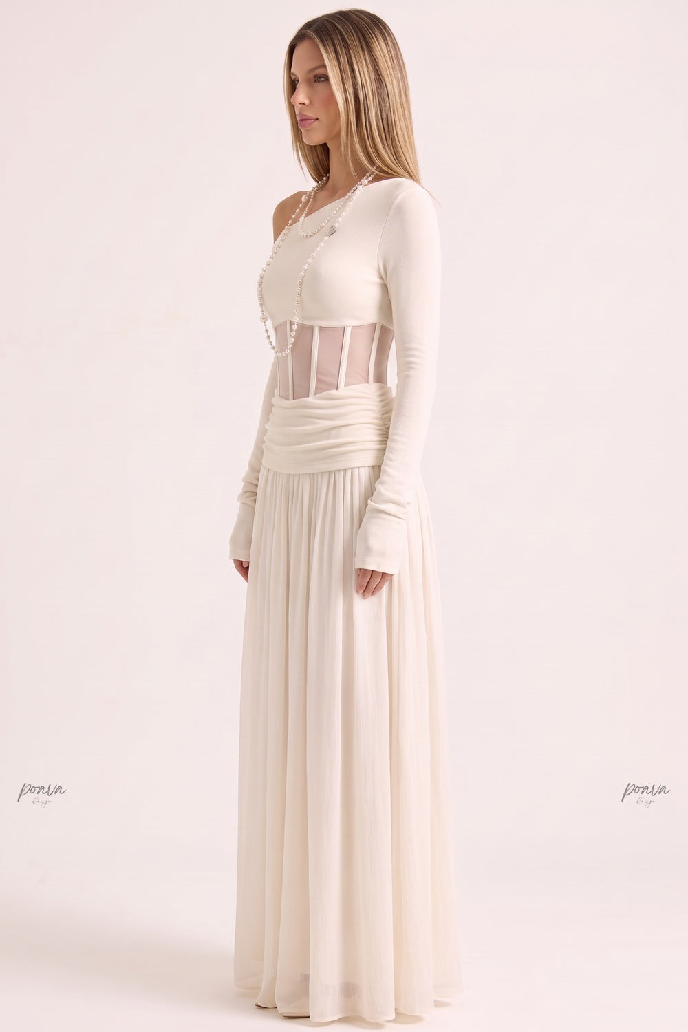 Cream Asymmetrical Off-The-Shoulder Maxi Dress with Sheer Corset Waist Flowering Girl