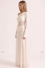 Cream Asymmetrical Off-The-Shoulder Maxi Dress with Sheer Corset Waist Flowering Girl