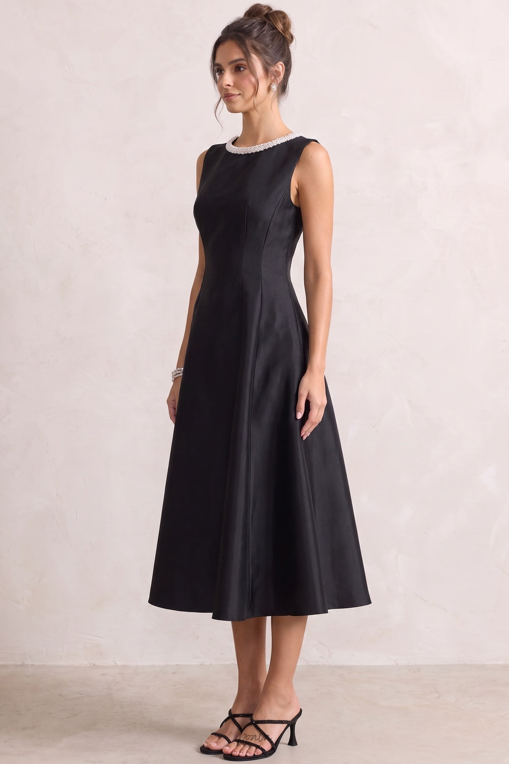 Black Structured Satin Fit-and-Flare Midi Dress with Pearl Trim Flowering Girl