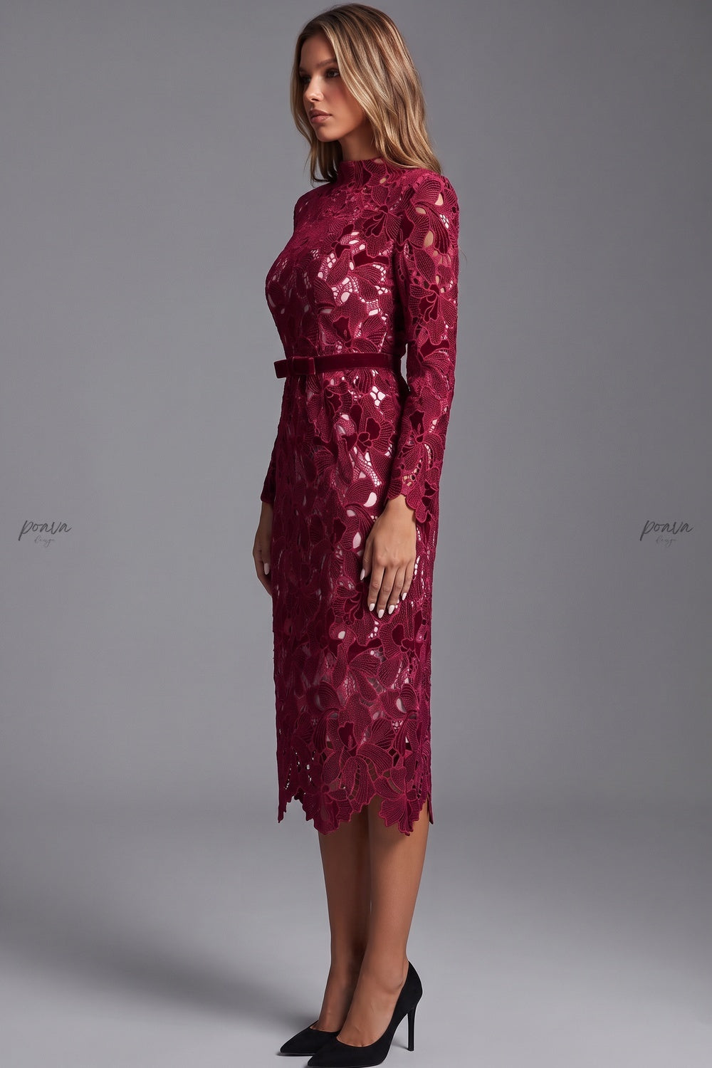 Burgundy Corded Floral Lace Sheath Dress Flowering Girl