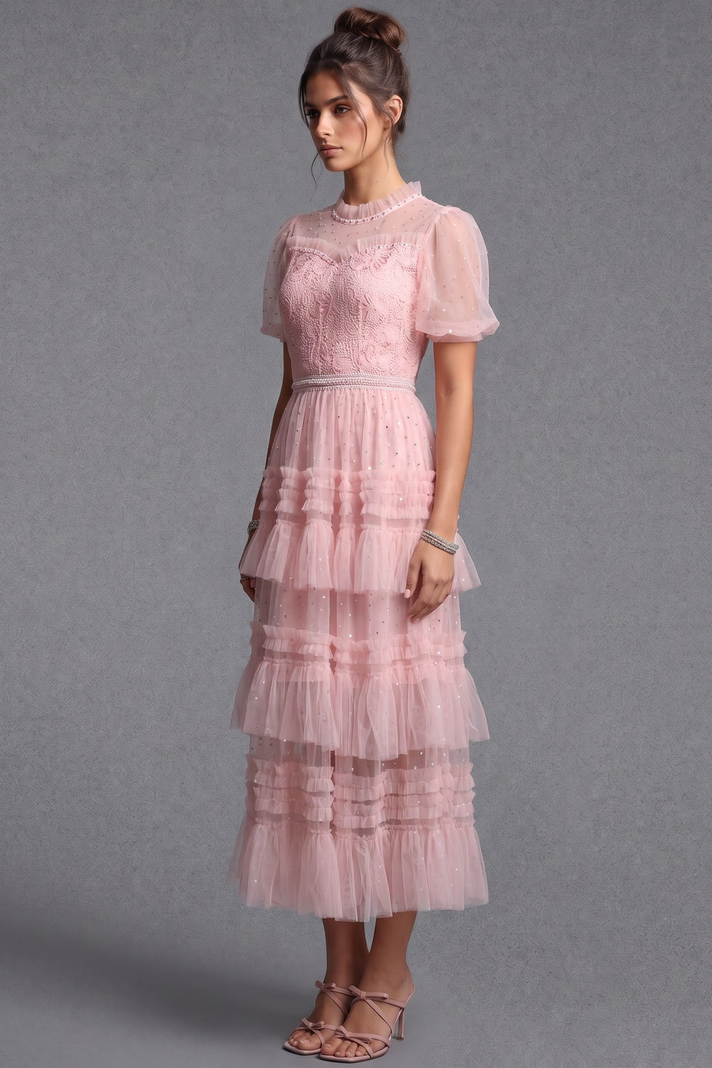 Light Pink Tulle A-Line Tiered Midi Dress Flowering Girl