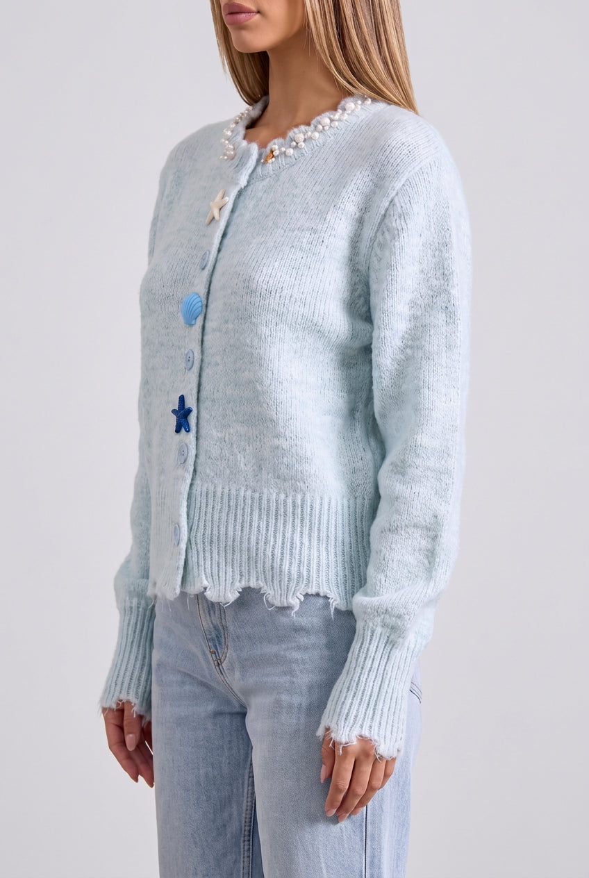 Light Blue Fuzzy Mohair-Blend Cropped Cardigan Flowering Girl
