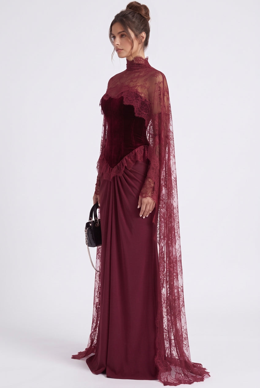 Burgundy Velvet Corset Evening Gown with Lace Cape Overlay Flowering Girl