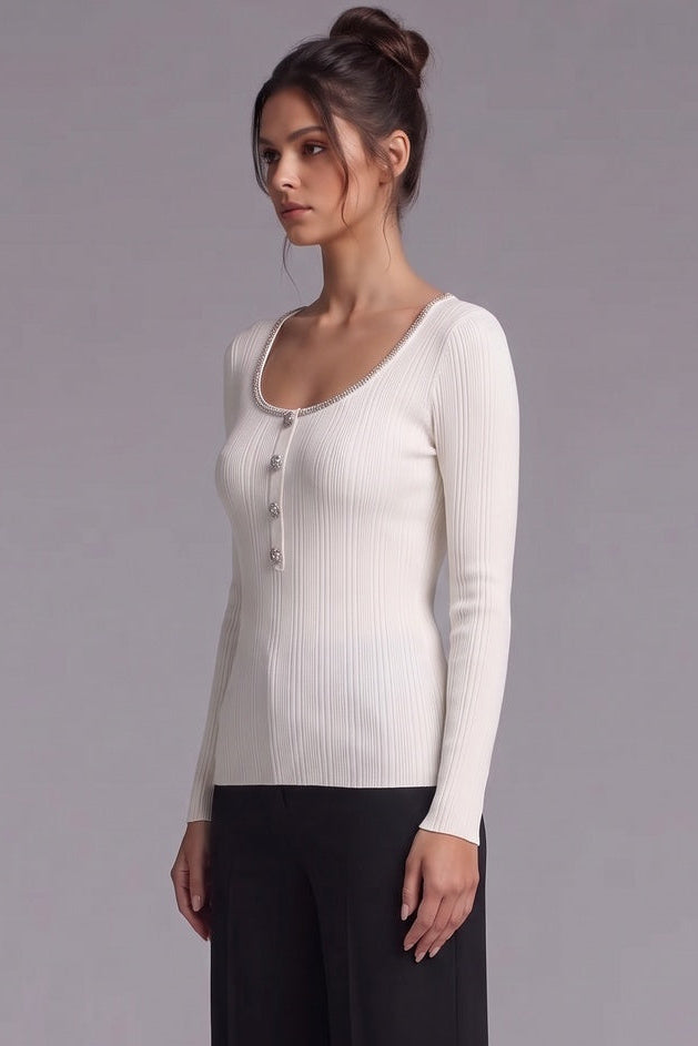 Ivory Ribbed Knit Top with Metallic Beaded Scoop Neckline Flowering Girl