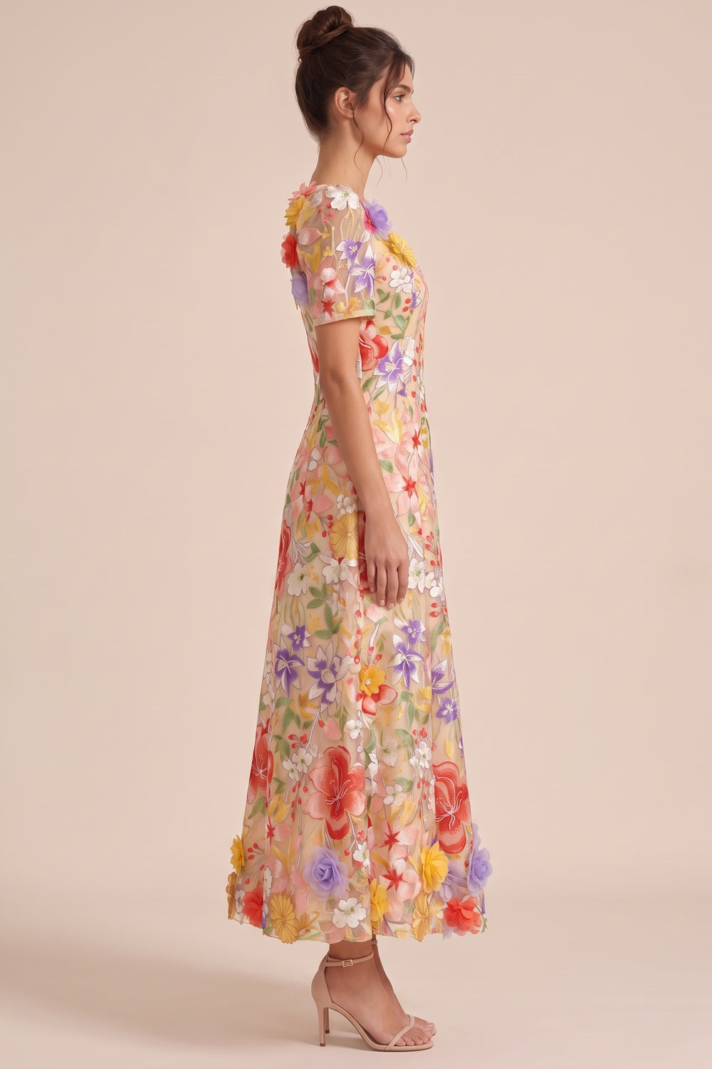 Nude Sheer Organza A-Line Midi Dress with Multicolor 3D Floral Embroidery Flowering Girl