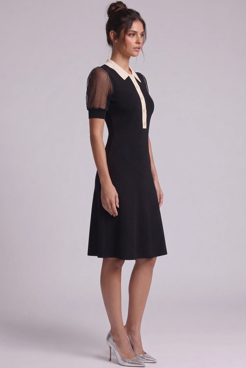 Black Fine Knit A-Line Dress with Contrast Collar Flowering Girl