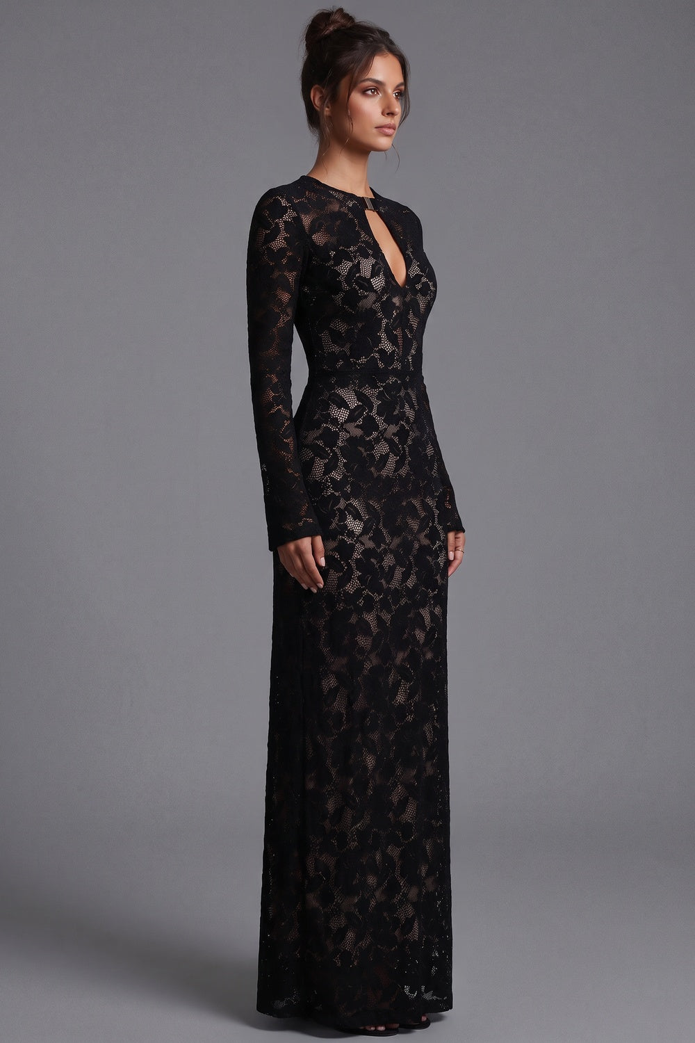 Black Floral Lace Column Gown Flowering Girl