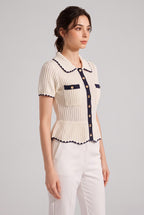 Cream Ribbed Knit Peplum Short-Sleeve Cardigan Flowering Girl