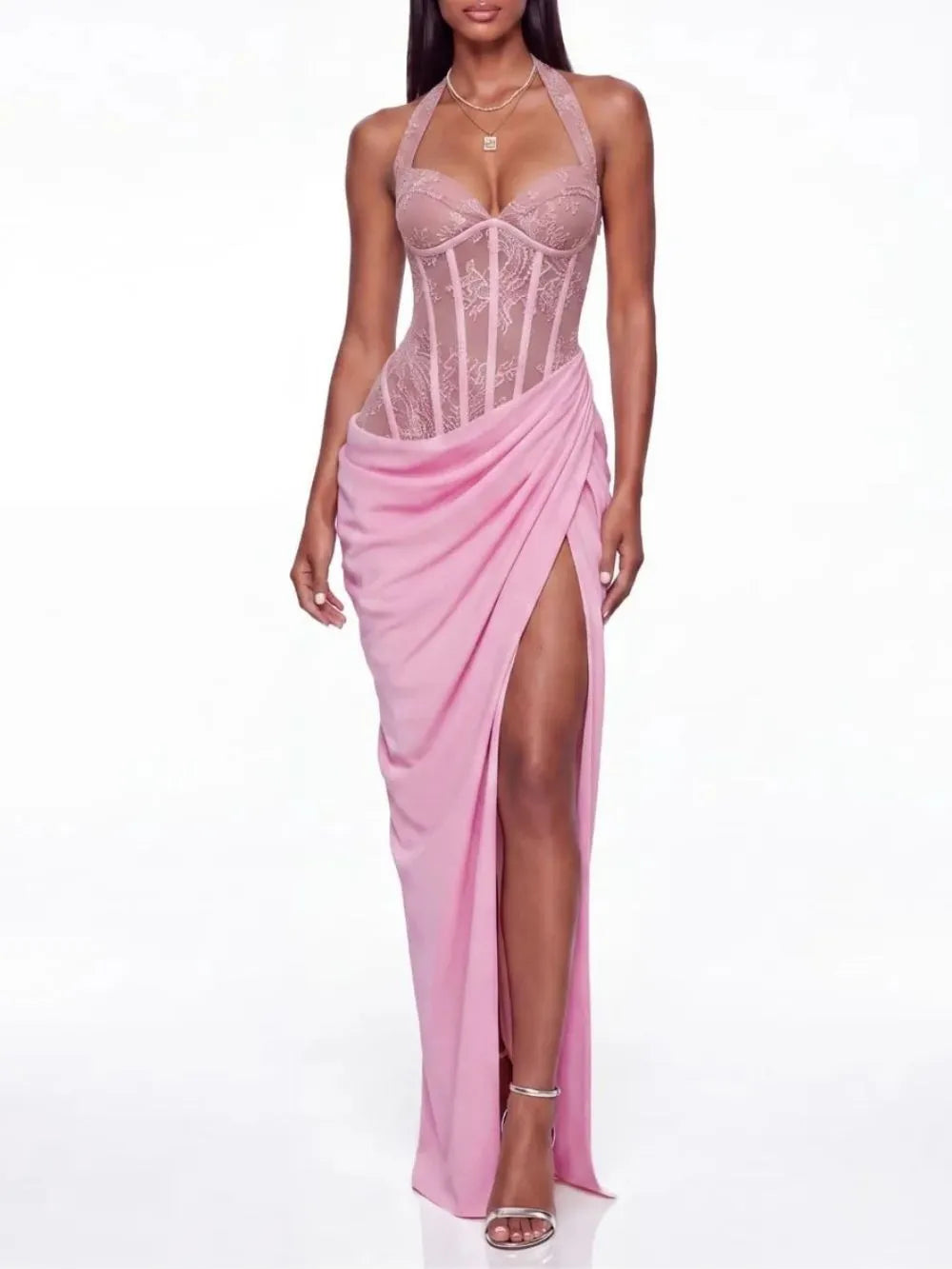 Zandor Halterneck Lace Split Maxi Dress Flowering Girl