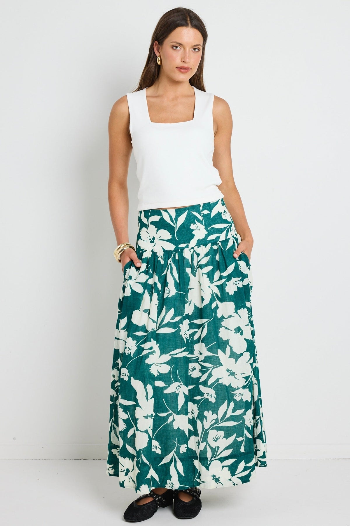 Affinity Forest Floral Shirred Back Tiered Maxi Skirt Flowering Girl