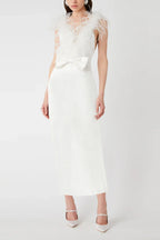 Feather Bow Backless Midi Dresses In White Flowering Girl