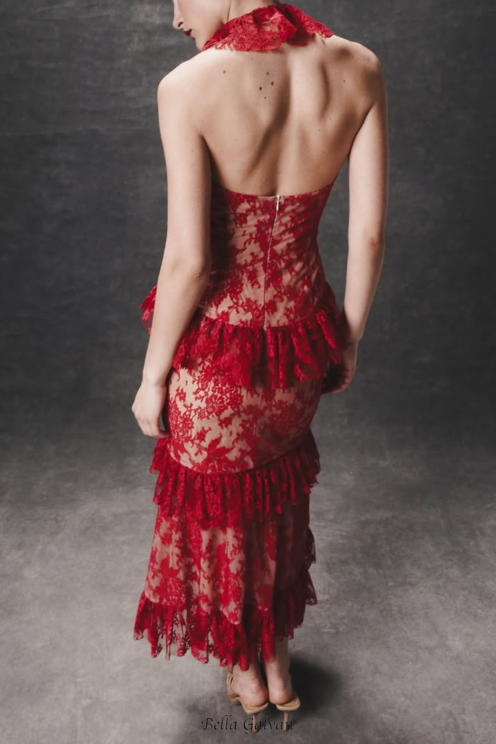 caitlin Lace Halter Ruffle Midi Dress in red Flowering Girl