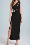 One-Shoulder Cutout Side Slit Maxi Dress In Black Flowering Girl