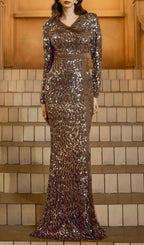 Foley Brown Sequin Long Sleeve Maxi Dress Flowering Girl