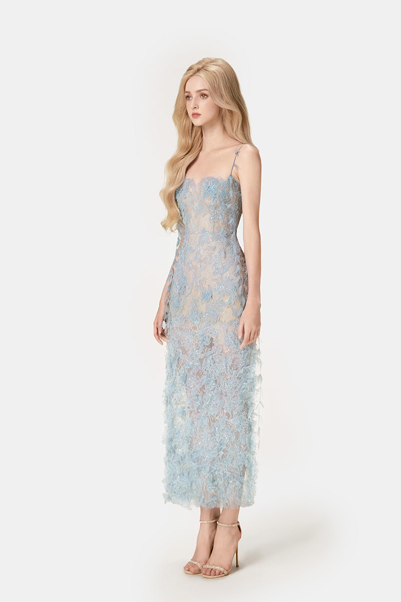 BLUE BEADED LACE PENCIL MIDI DRESS Flowering Girl