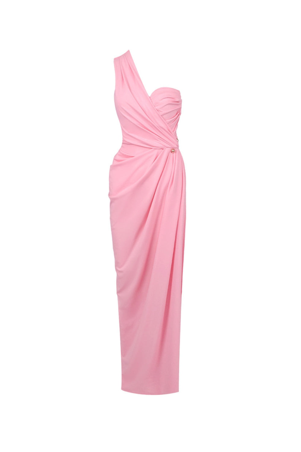 Bess One-Shoulder Slant Neck Pleated Maxi Dress In Pink Flowering Girl
