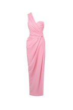 Bess One-Shoulder Slant Neck Pleated Maxi Dress In Pink Flowering Girl