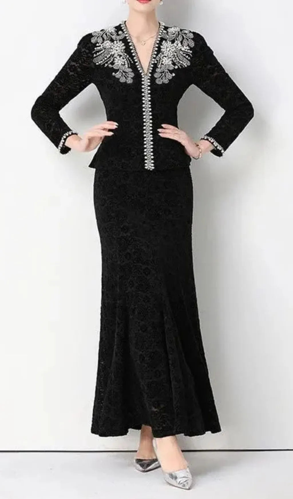 Georgia Beaded V-Neck Lace Top & Fishtail Skirt Set - Black Flowering Girl