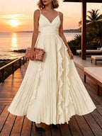 Marvene Spaghetti V-Neck Ruffle Pleated Maxi Dress Flowering Girl