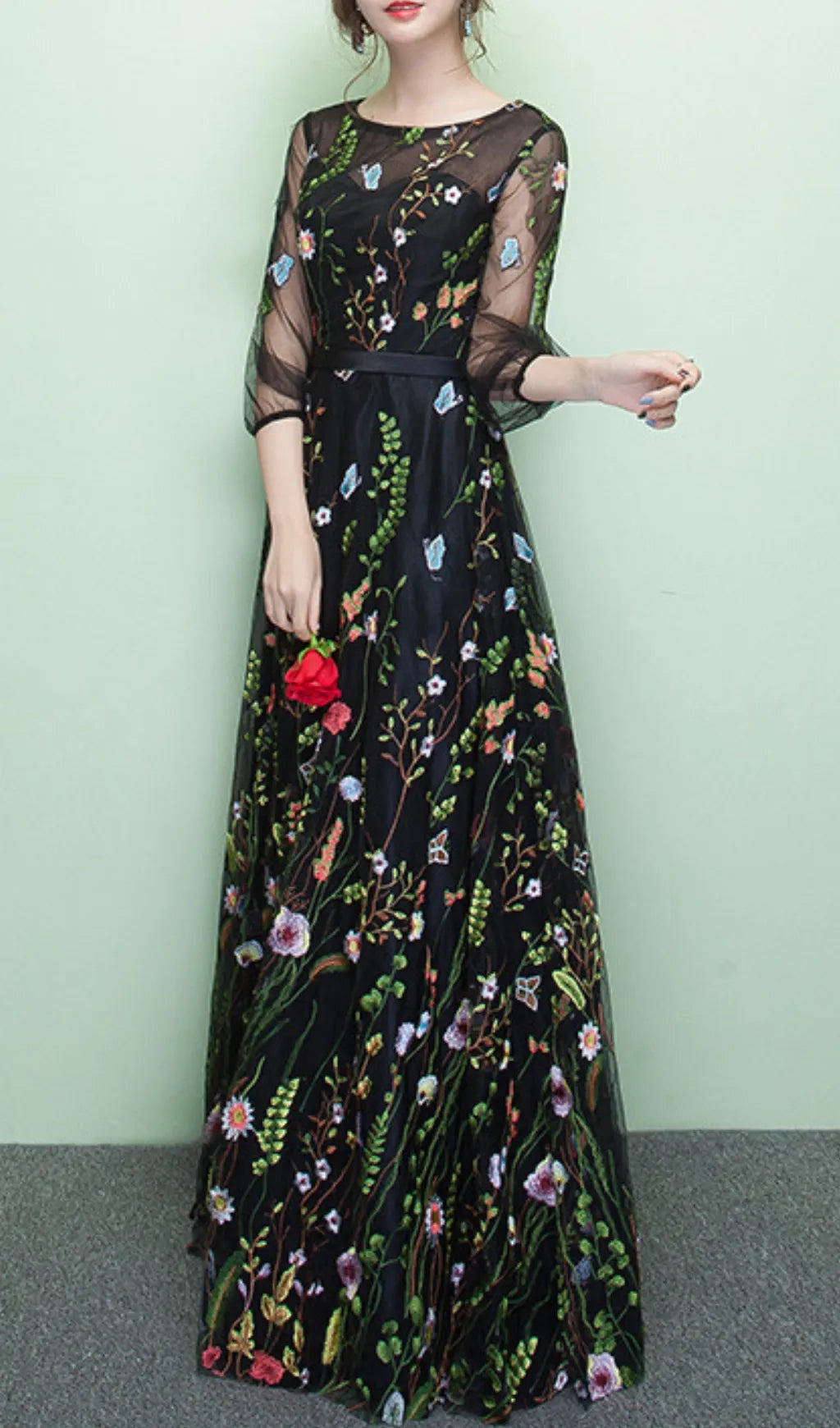 Dannell Black Flower Mesh Sleeve Maxi Dress Flowering Girl