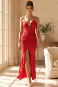 Red Sequined Mesh Bodycon Column Evening Gown Flowering Girl