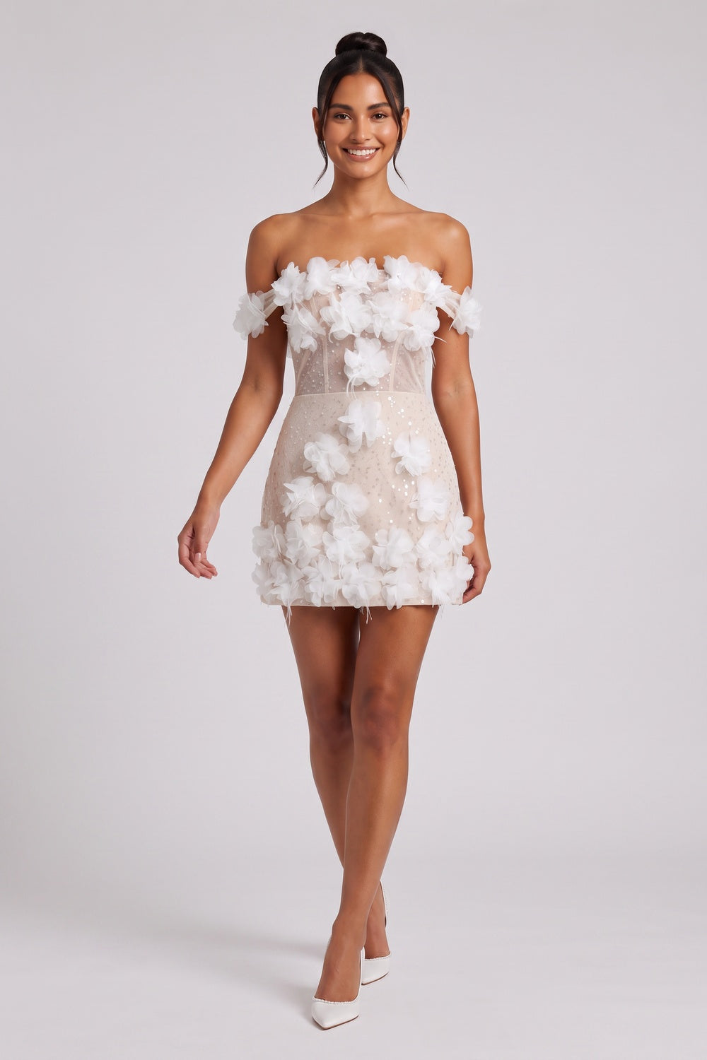 Nude Mesh Overlay Fitted Sheath Mini Dress with 3D Floral Appliqué Flowering Girl