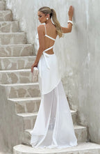 Lace-Up Beveled Back Satin Maxi Dress In Ivory Flowering Girl